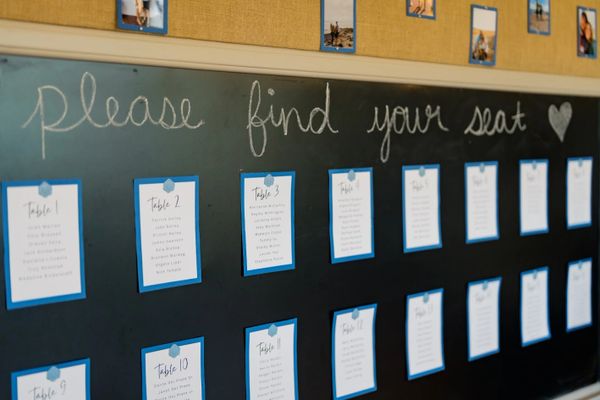 Chalkboard seating chart with tables and names.