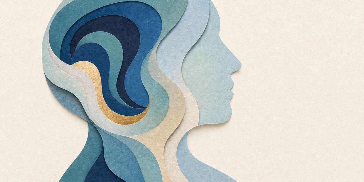 Abstract silhouette of a human head in layered blue and beige tones.