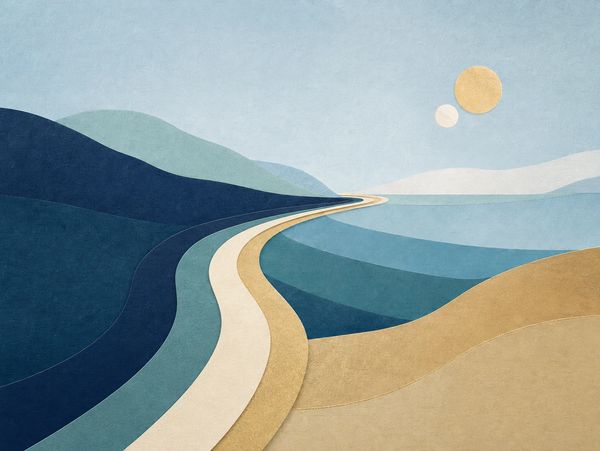 A winding path through layered blue, teal, cream, and gold hills.
