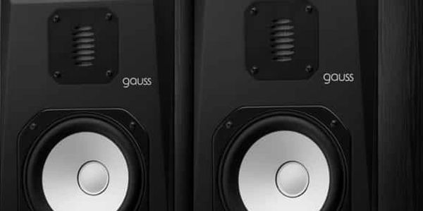 A pair of black Gauss speakers with white cones against a plain background.