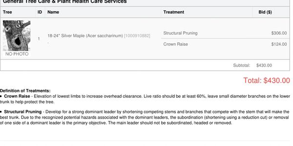 Arborist Proposal showing definitions of work, and a work order.