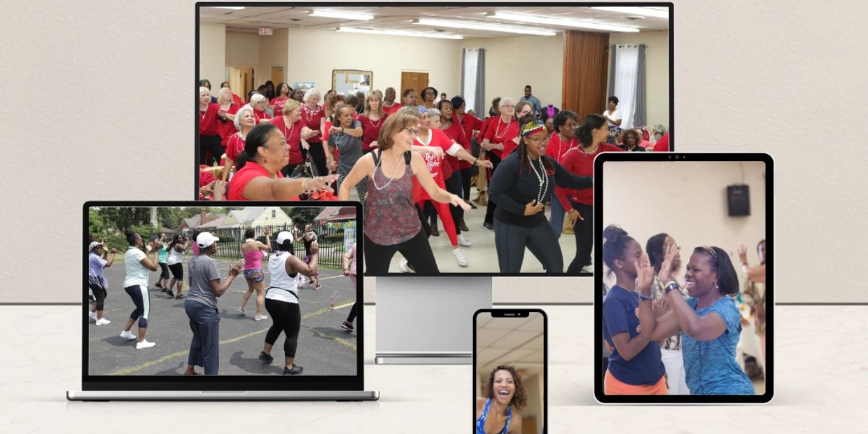 Diverse groups dancing joyfully in different settings on multiple devices.