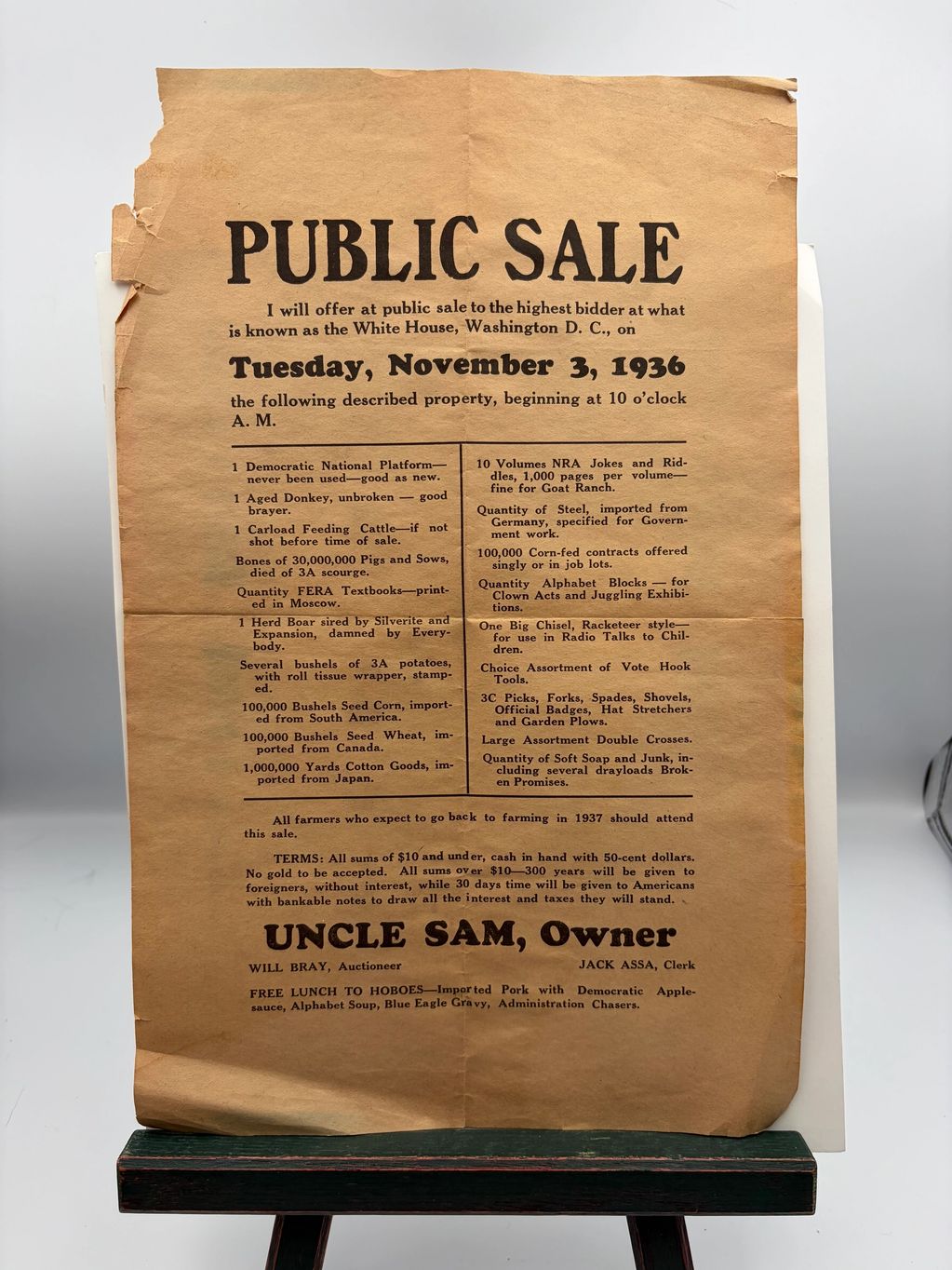 Vintage public sale notice from 1936 with various items listed for auction.
