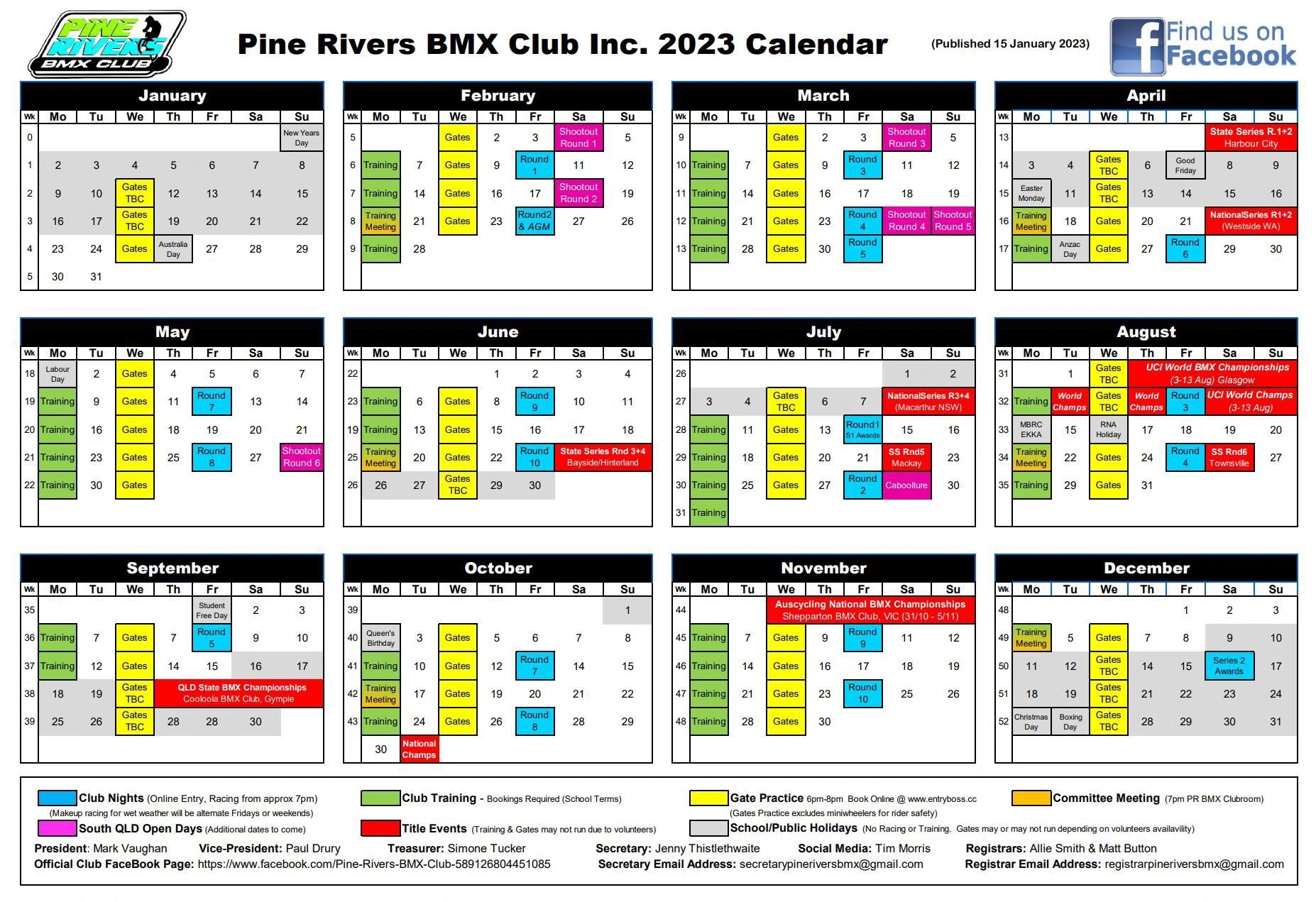2023 Pine Rivers BMX Club Calendar
