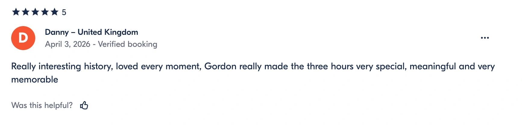 Five-star review praising Gordon's engaging and memorable three-hour history experience.