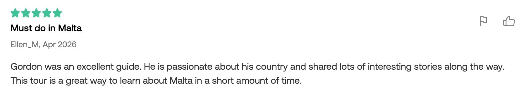 Five-star review praising Gordon as an excellent and passionate Malta tour guide.