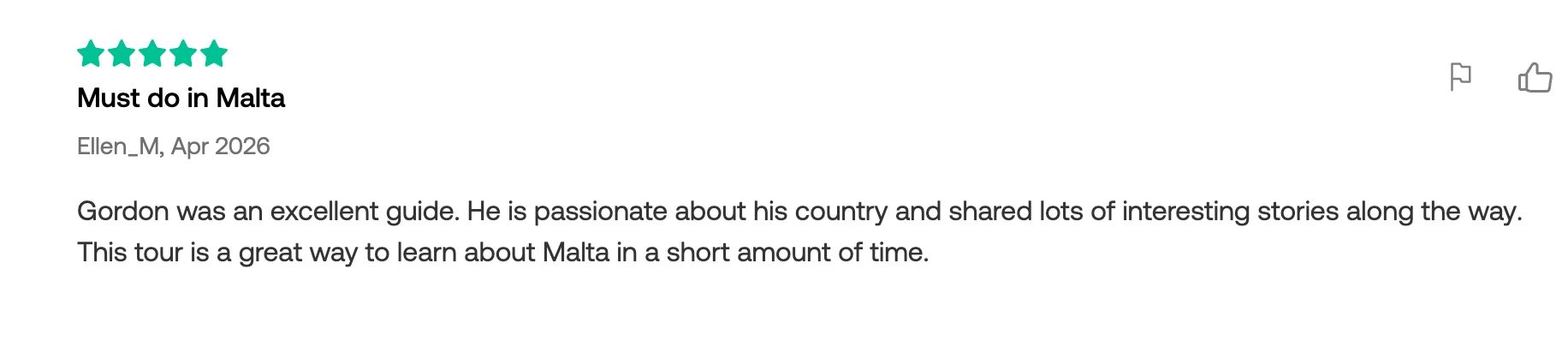 Five-star review praising Gordon's passionate and informative Malta tour guide service.