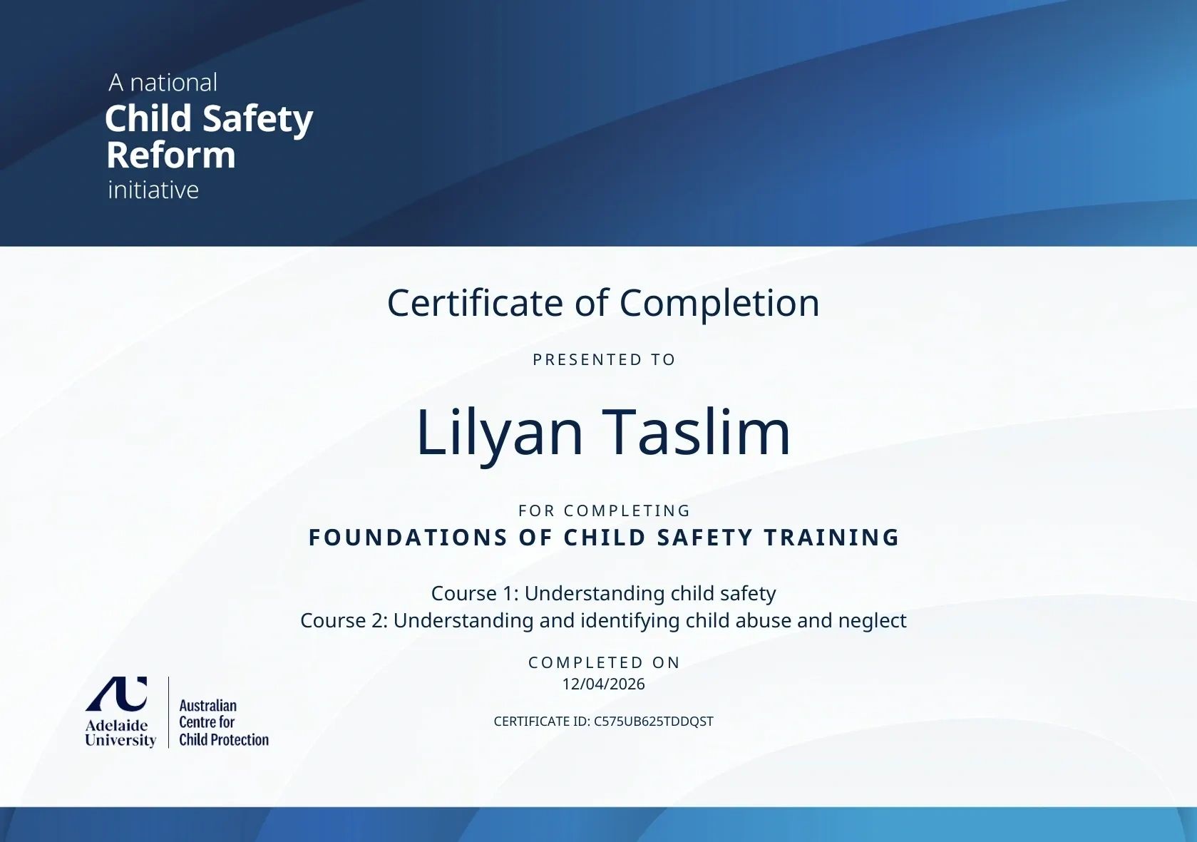 Certificate of Completion awarded to Lilyan Taslim for child safety training.