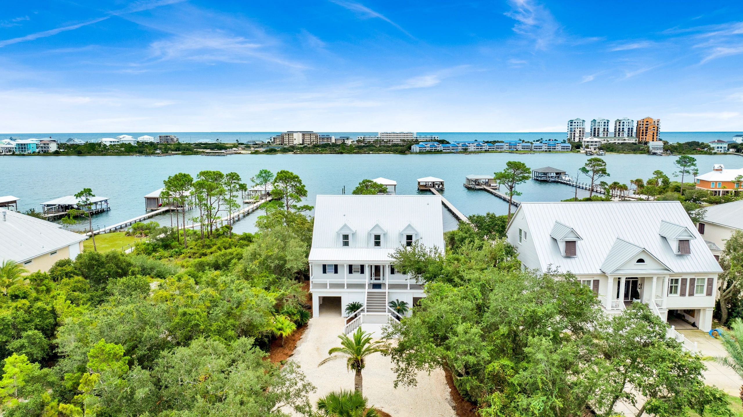 Aerial view of waterfront homes on Ono Island