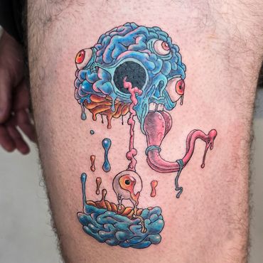 brain melting tattoo colored surrealism by peter aoum