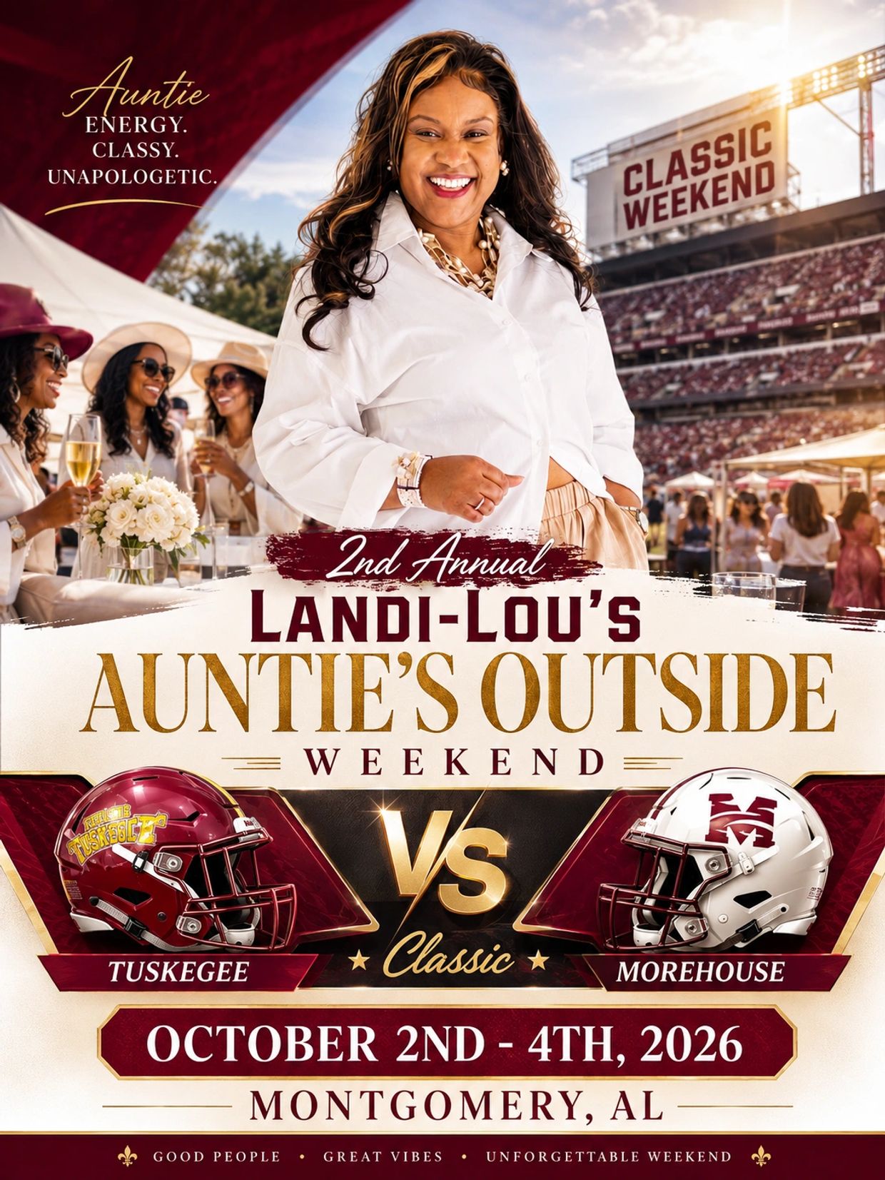 Advertisement for Landi-Lou's Auntie's Outside Weekend football classic between Tuskegee and Morehouse.