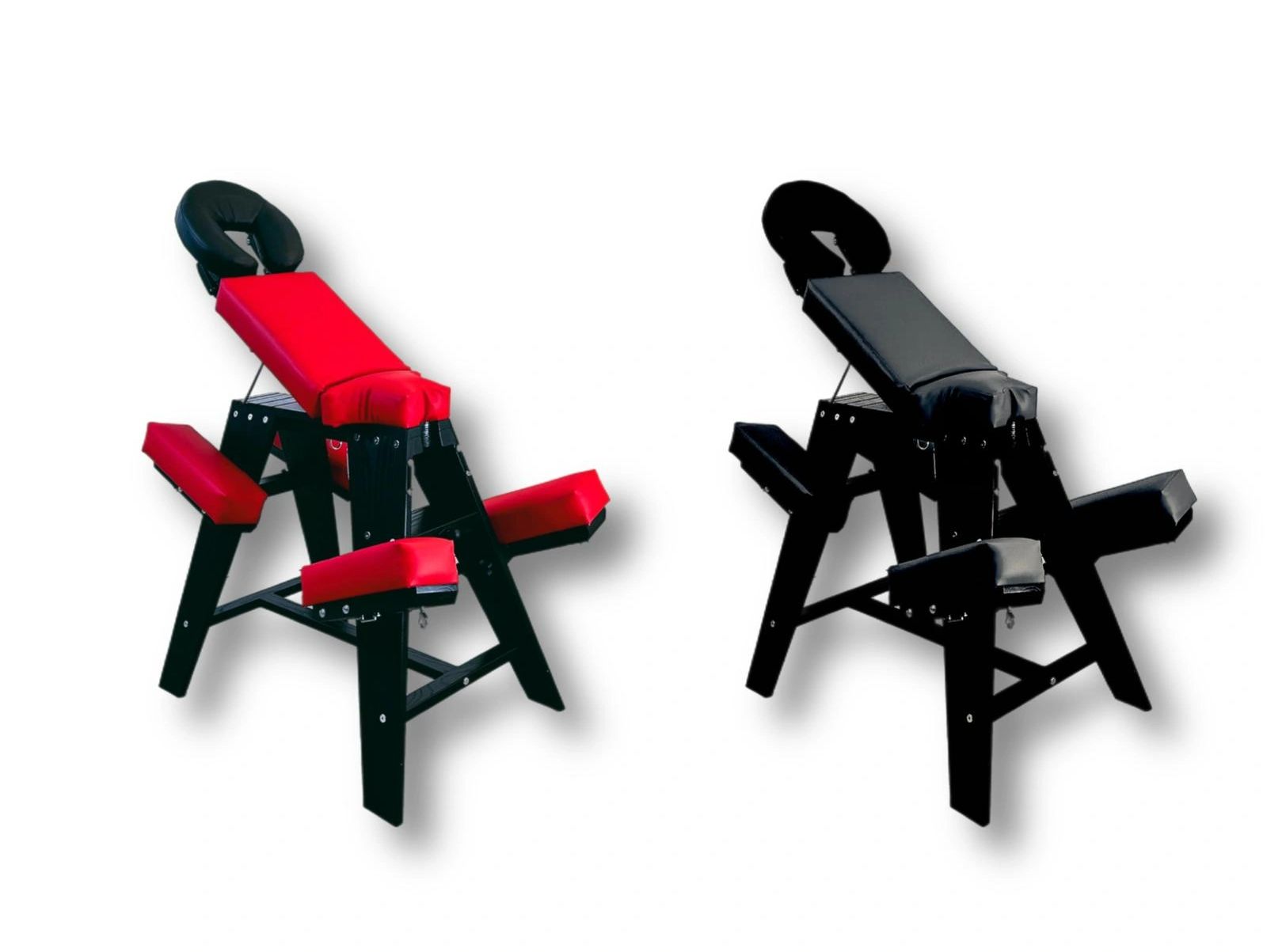 Spanking bench in red and black colors for upscale sex room, custom sex furniture, made in the US