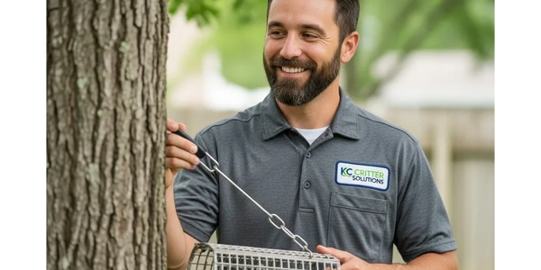Man holding animal trap near tree, wearing a KC Critter Solutions shirt.