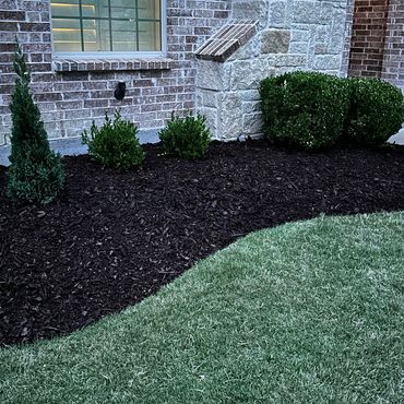 Freshly installed mulch with green grass and brick house.