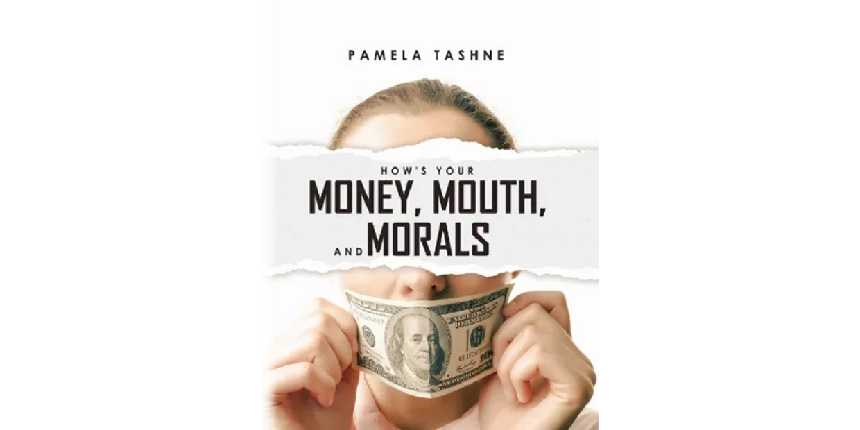 Young woman covering face with one hand, surrounded by a morals quote and scattered money