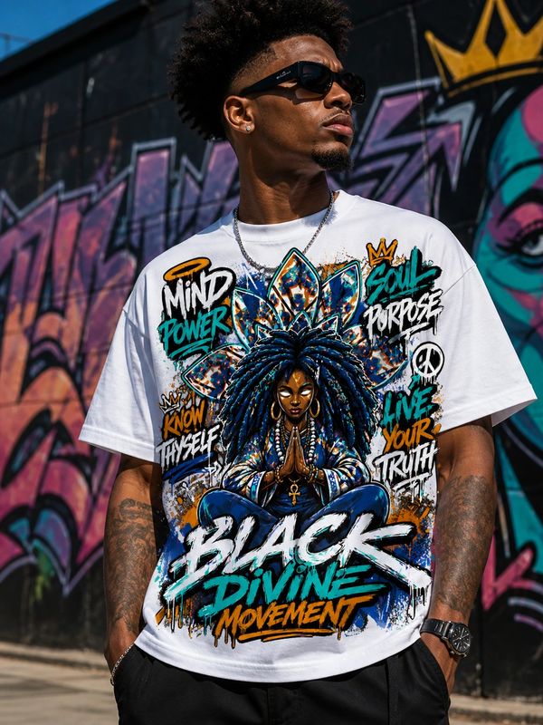 Man wearing a vibrant graphic tee with empowering messages and art.