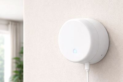 A sleek, round white smart device mounted on a wall with a blue indicator light.