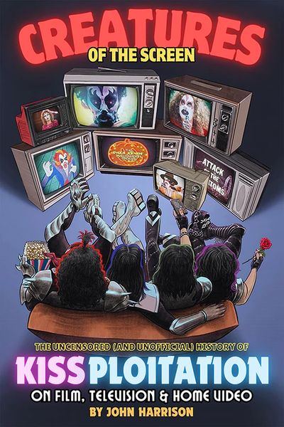Retro TV screens displaying KISS-themed horror and sci-fi scenes with fans watching.