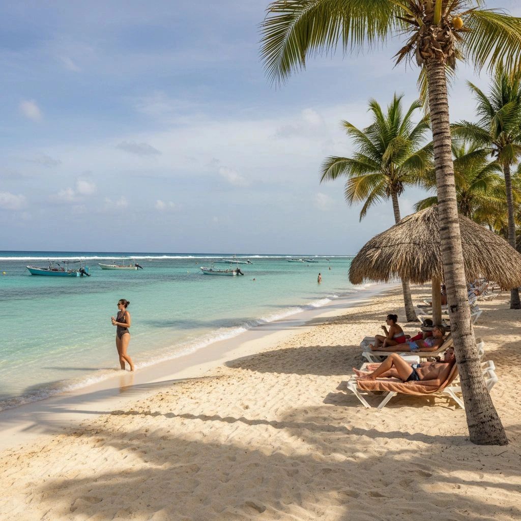 People relaxing on a sunny beach with palm trees and boats in the turquoise water.