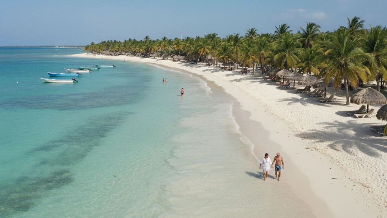 Couple walking on a pristine beach with palm trees and boats.
