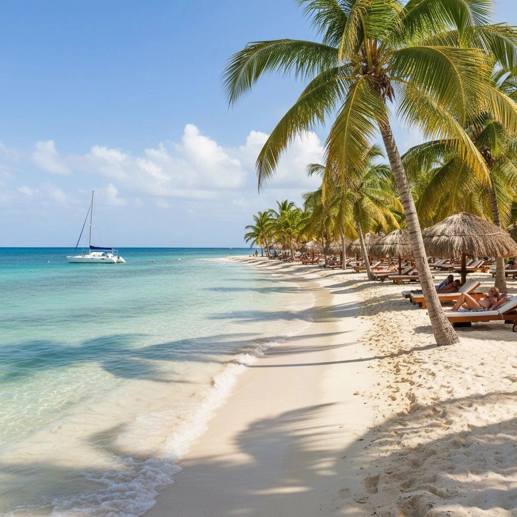 A serene tropical beach with palm trees, sun loungers, and a sailboat on clear blue water.