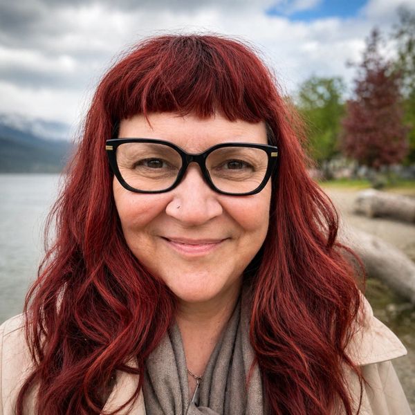 Smiling woman with red hair and glasses by a lakeside.