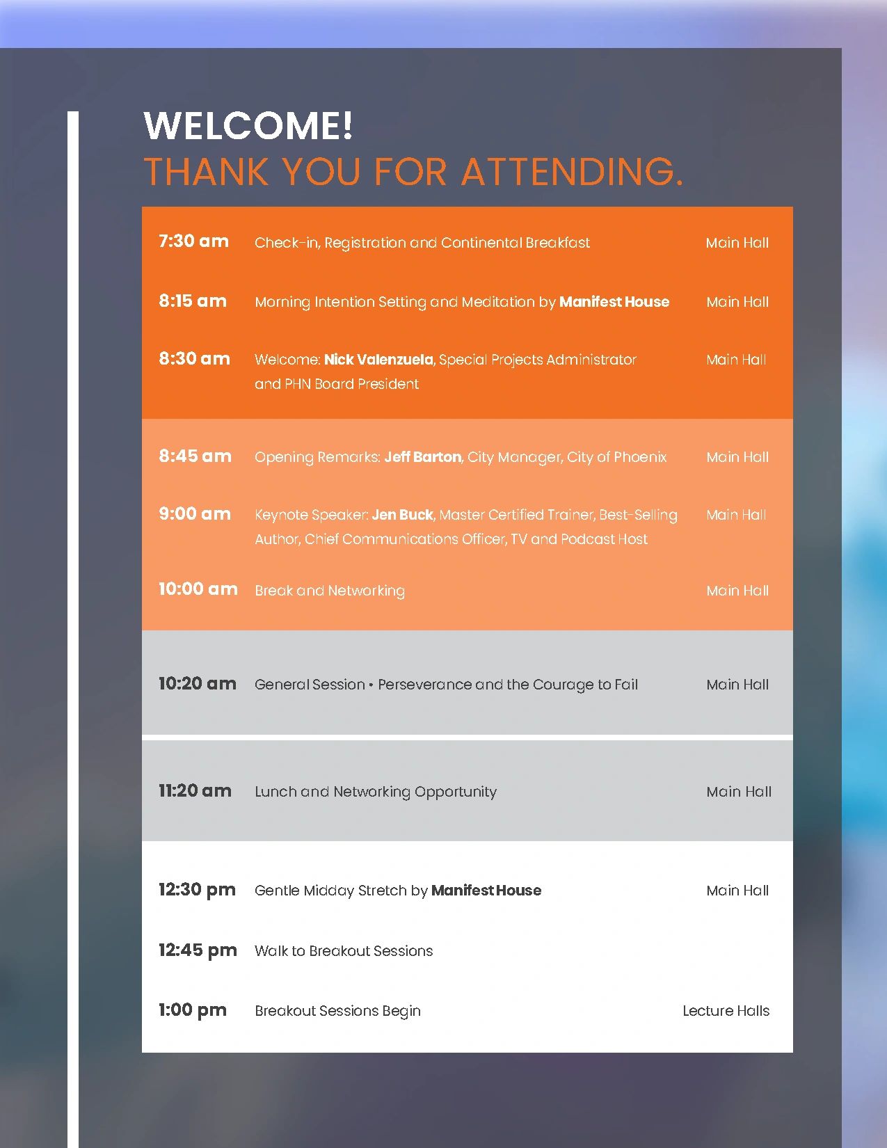 Event schedule with sessions from 7:30 am to 1:00 pm, including breakfast, meditation, speeches, and breakout sessions.