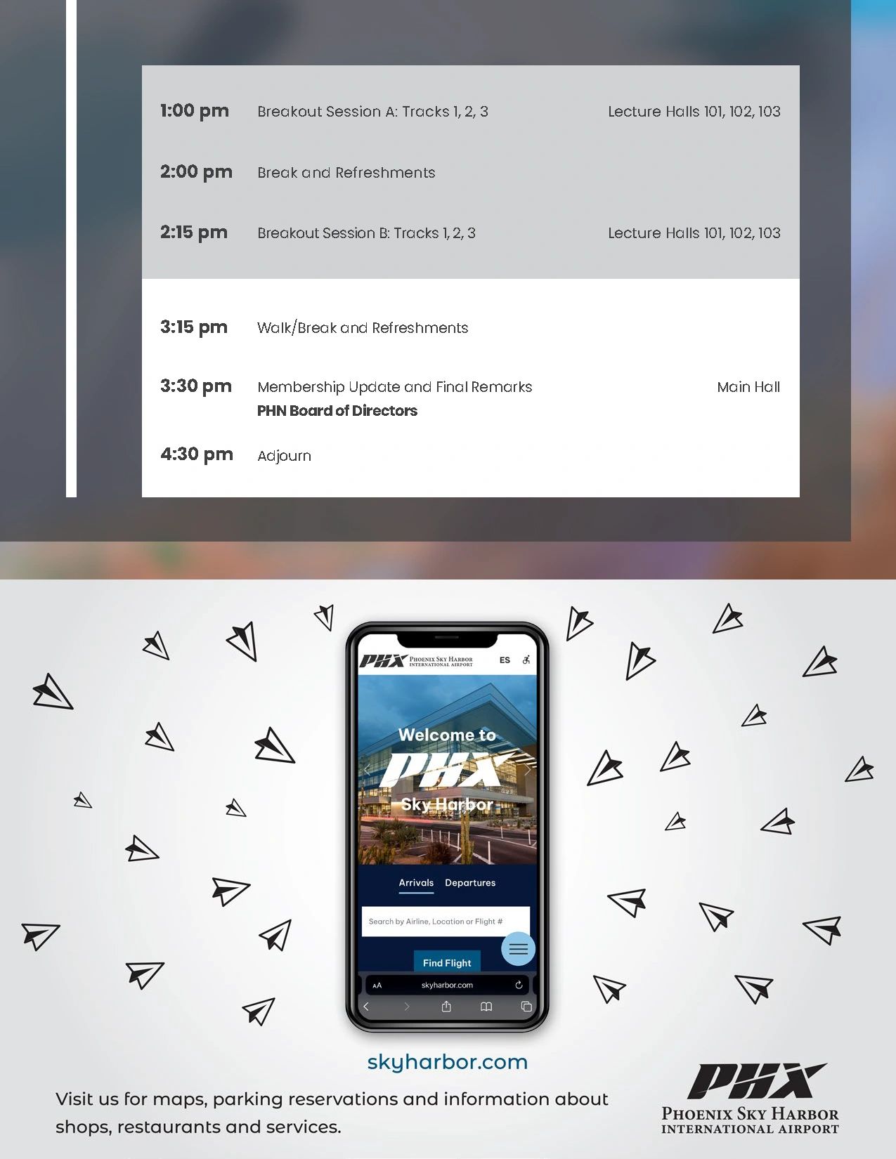 Phoenix Sky Harbor airport schedule and mobile app for flight info and services.