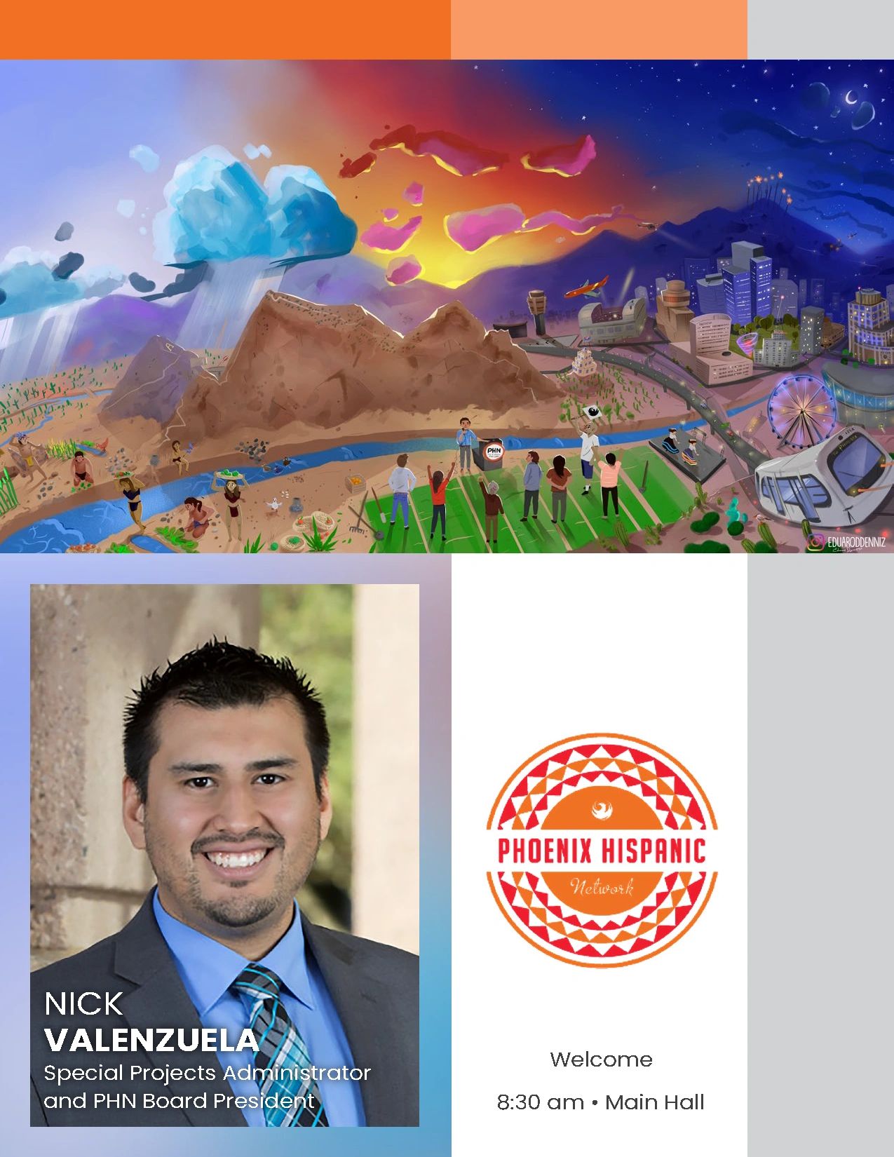 Portrait of Nick Valenzuela, PHN Board President, with a colorful cityscape illustration.