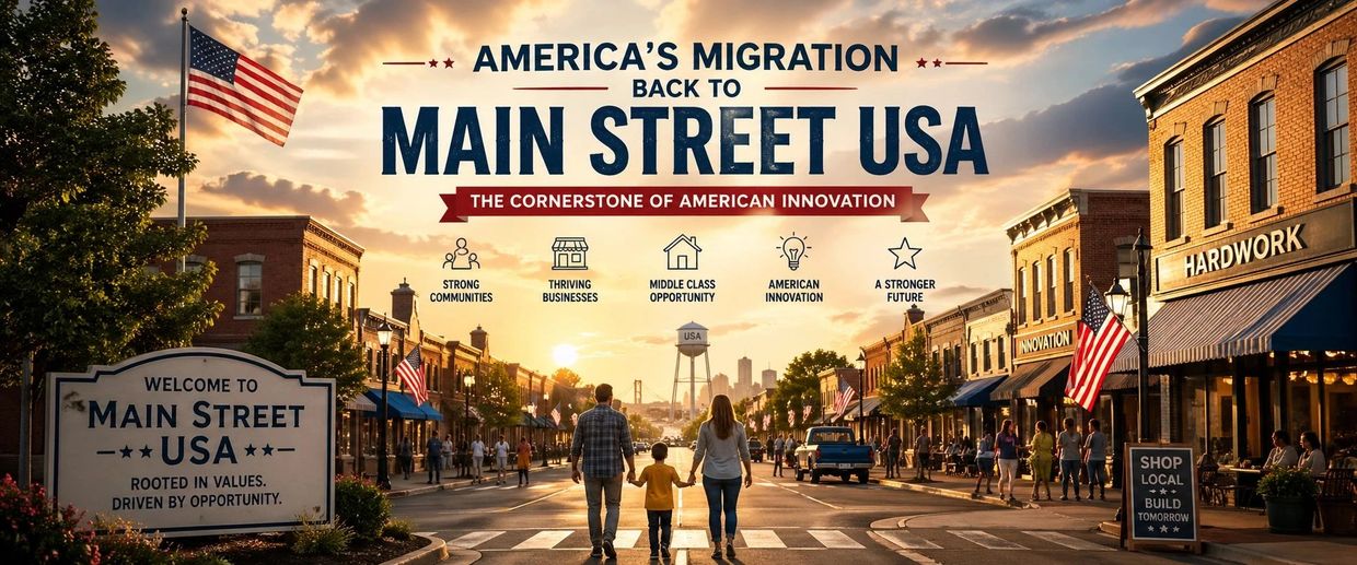 A family walks hand-in-hand down Main Street USA at sunset, symbolizing American values and community.