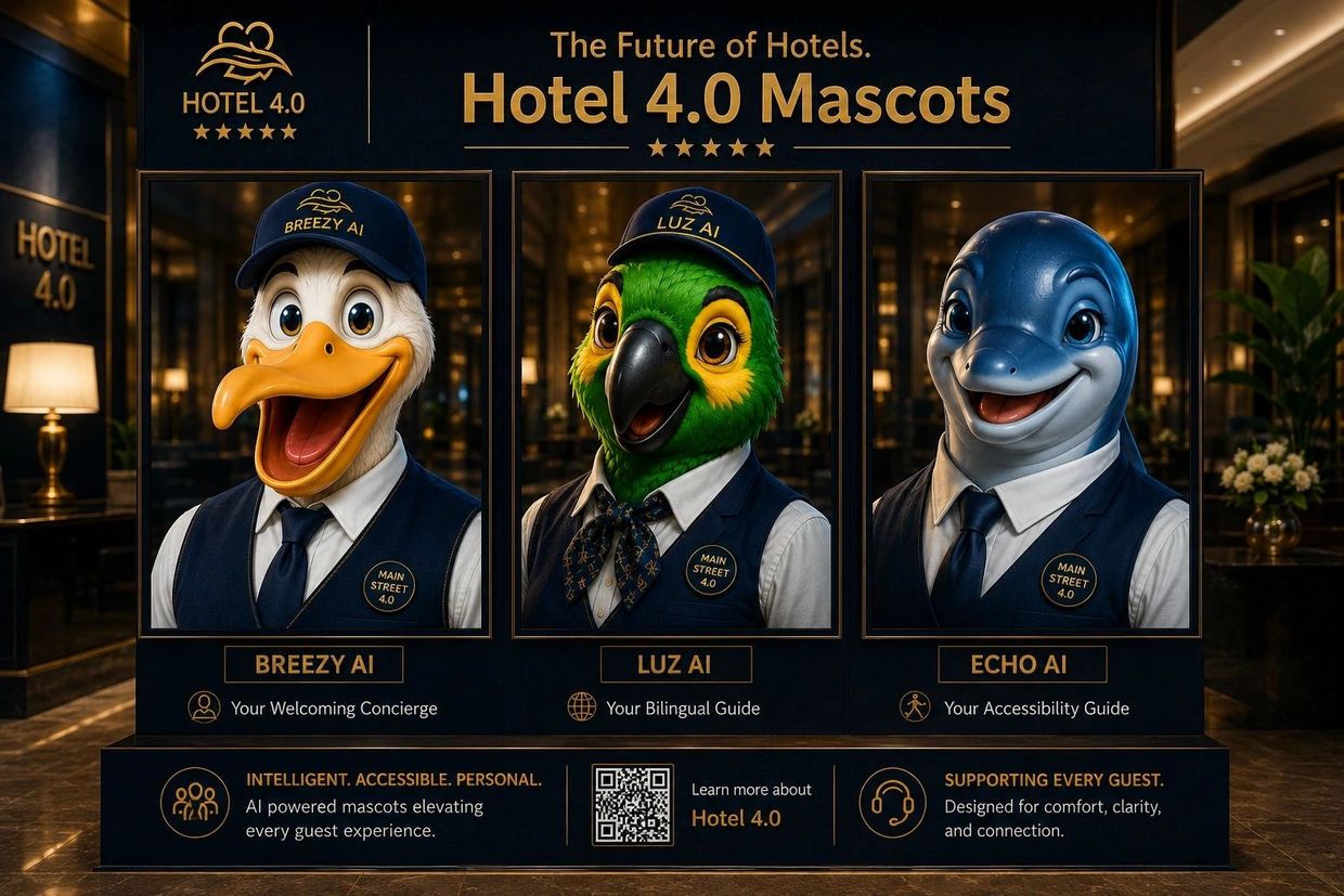 Three AI hotel mascots dressed as concierge staff inside a hotel lobby.