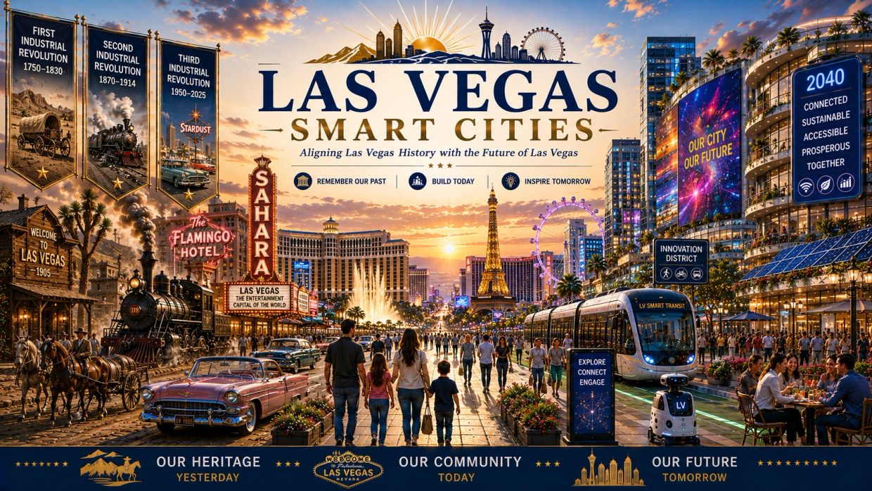 A vibrant Las Vegas timeline blending past heritage with a futuristic smart city vision.