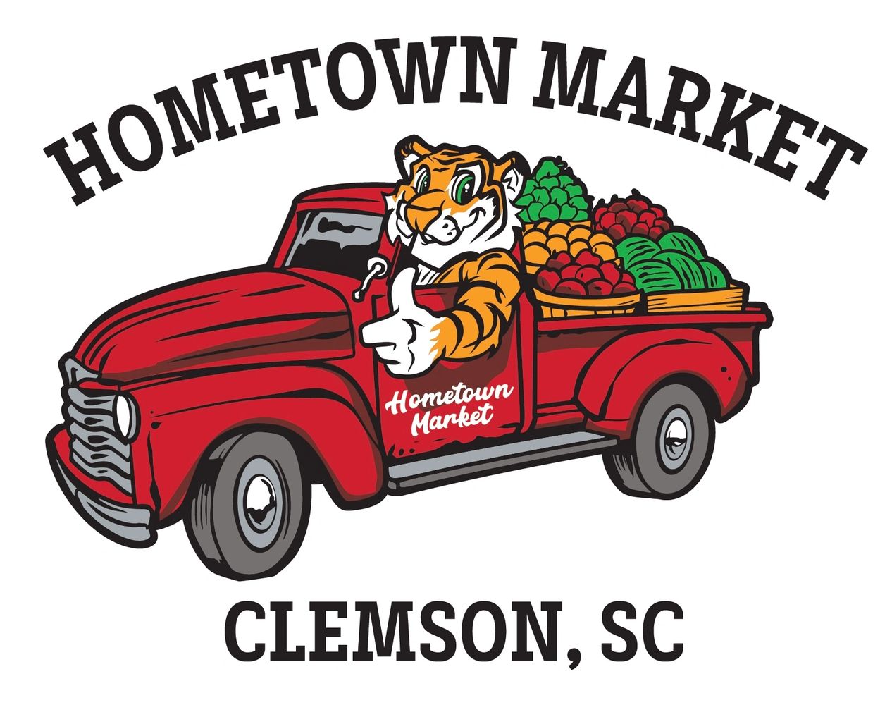 Tiger mascot driving a red truck loaded with fresh produce for Hometown Market.