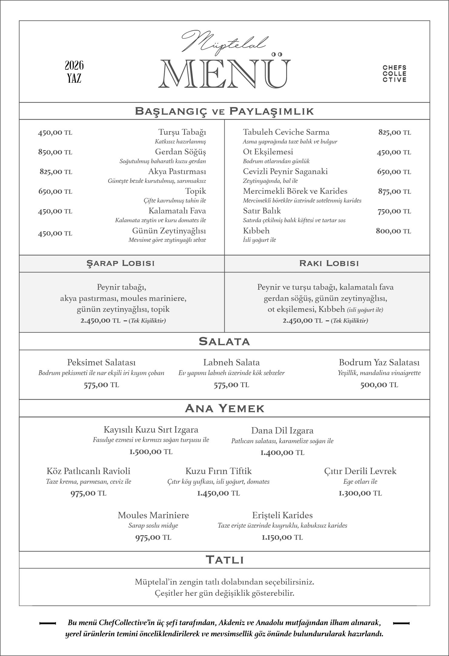 A detailed Turkish menu featuring appetizers, salads, main courses, desserts, and drinks with prices in TL.