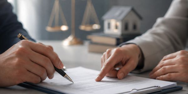 Personas revisando documentos legales con una balanza y una casa de fondo.