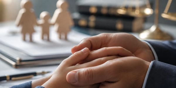 Manos sosteniendo una mano en un entorno legal.