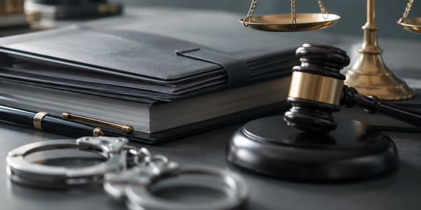Símbolos de la justicia sobre una mesa.