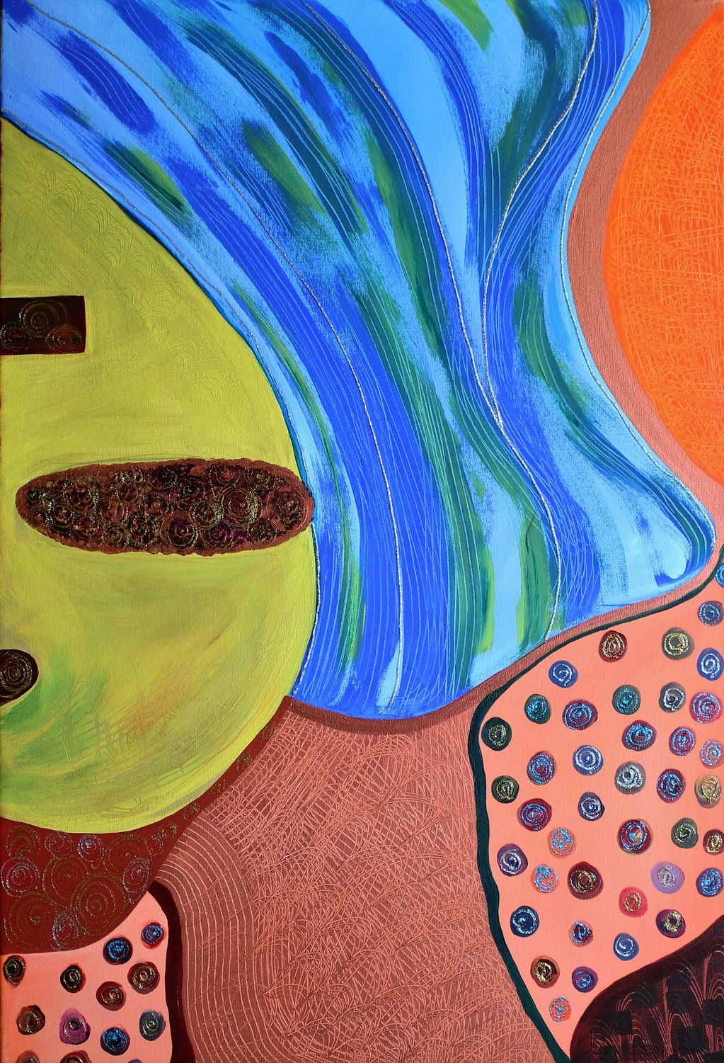 Abstract painting with flowing blue and green shapes and dotted patterns.