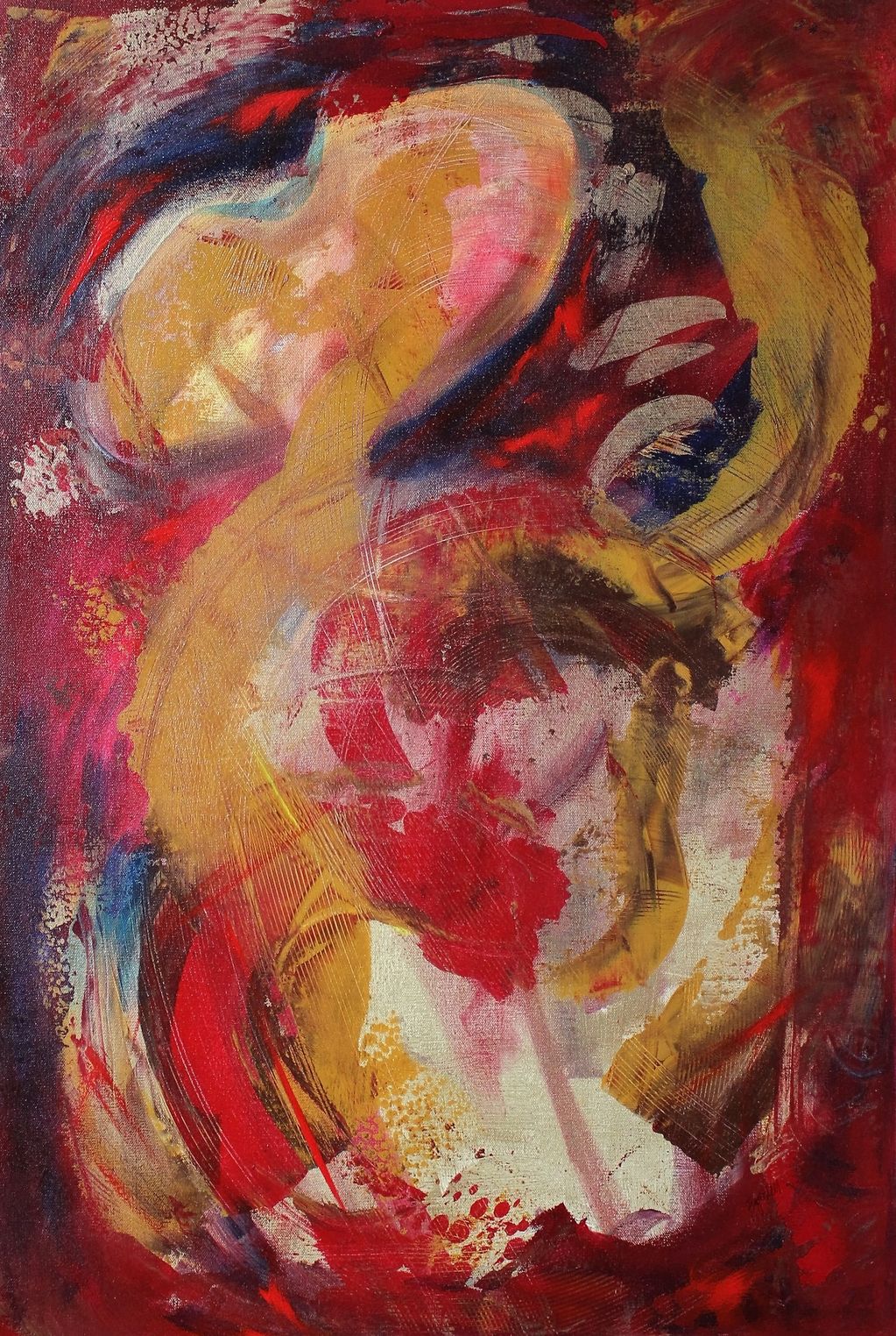 Abstract painting with bold red, yellow, and white swirling brushstrokes.