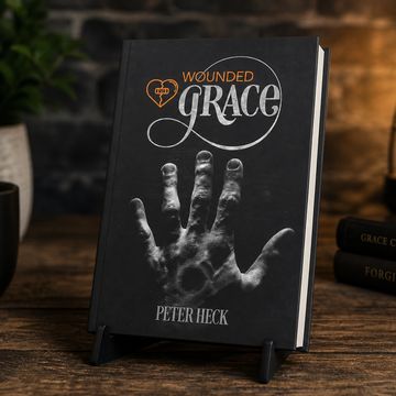 Book titled 'Wounded Grace' by Peter Heck with a handprint on the cover.