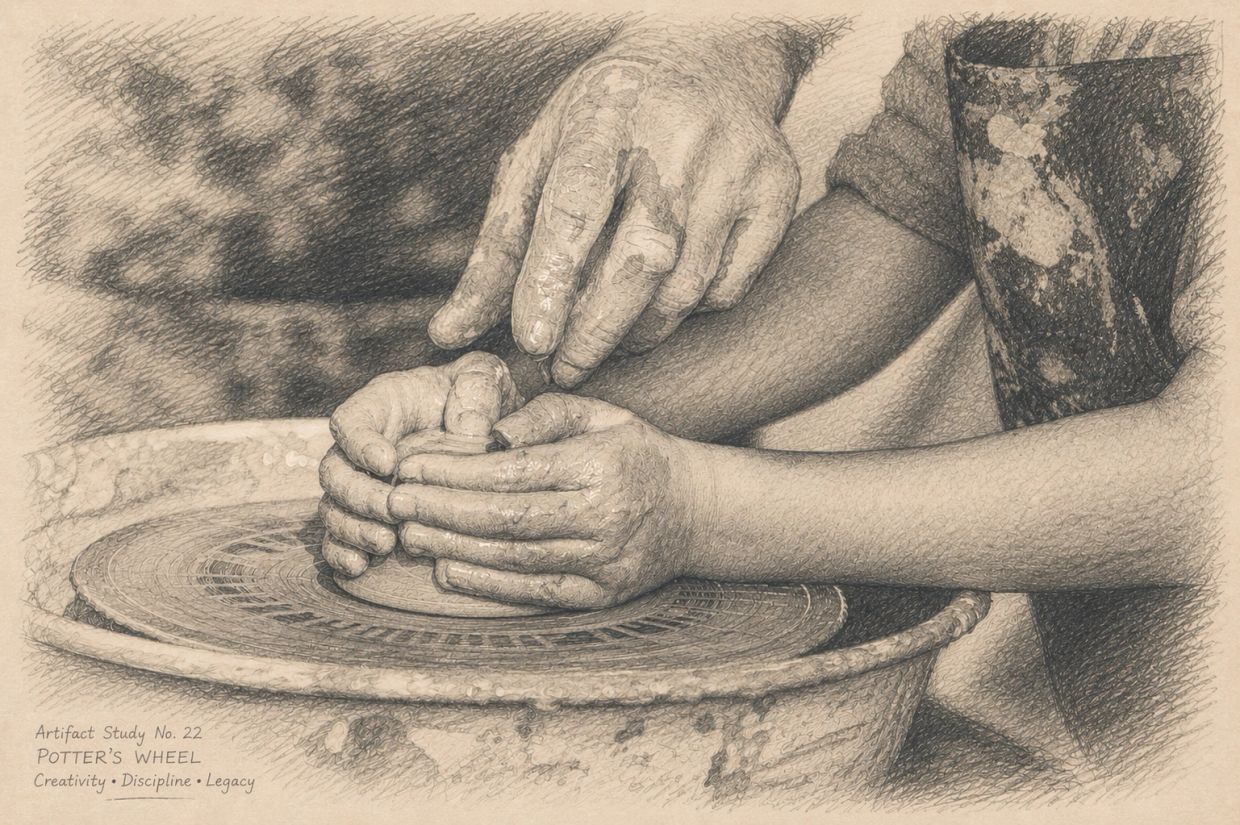 Hands shaping clay on a potter's wheel.