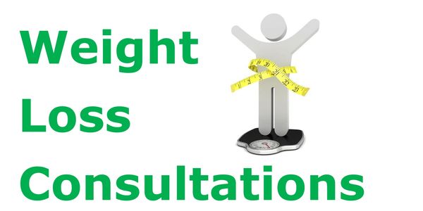 Weight loss consultations with a measuring tape and scale illustration.