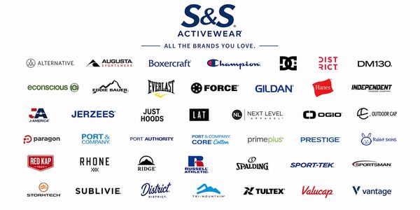 A collection of logos from popular activewear brands under S&amp;S Activewear.