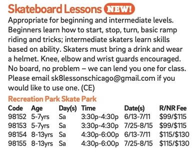 Arlington Heights Park District summer skateboard lessons schedule. By Skate lessons Chicago