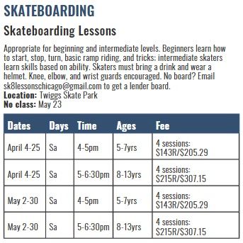 City of Evanston 2026 Spring Skateboarding brochure information for Skate Lessons Chicago
