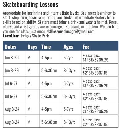 Skateboarding lessons schedule Twiggs Park in Evanston. Lessons by Skate Lessons Chicago.