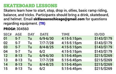 Palatine Park District Summer Skateboard lessons schedule. By Skate Lessons Chicago. Sign up.