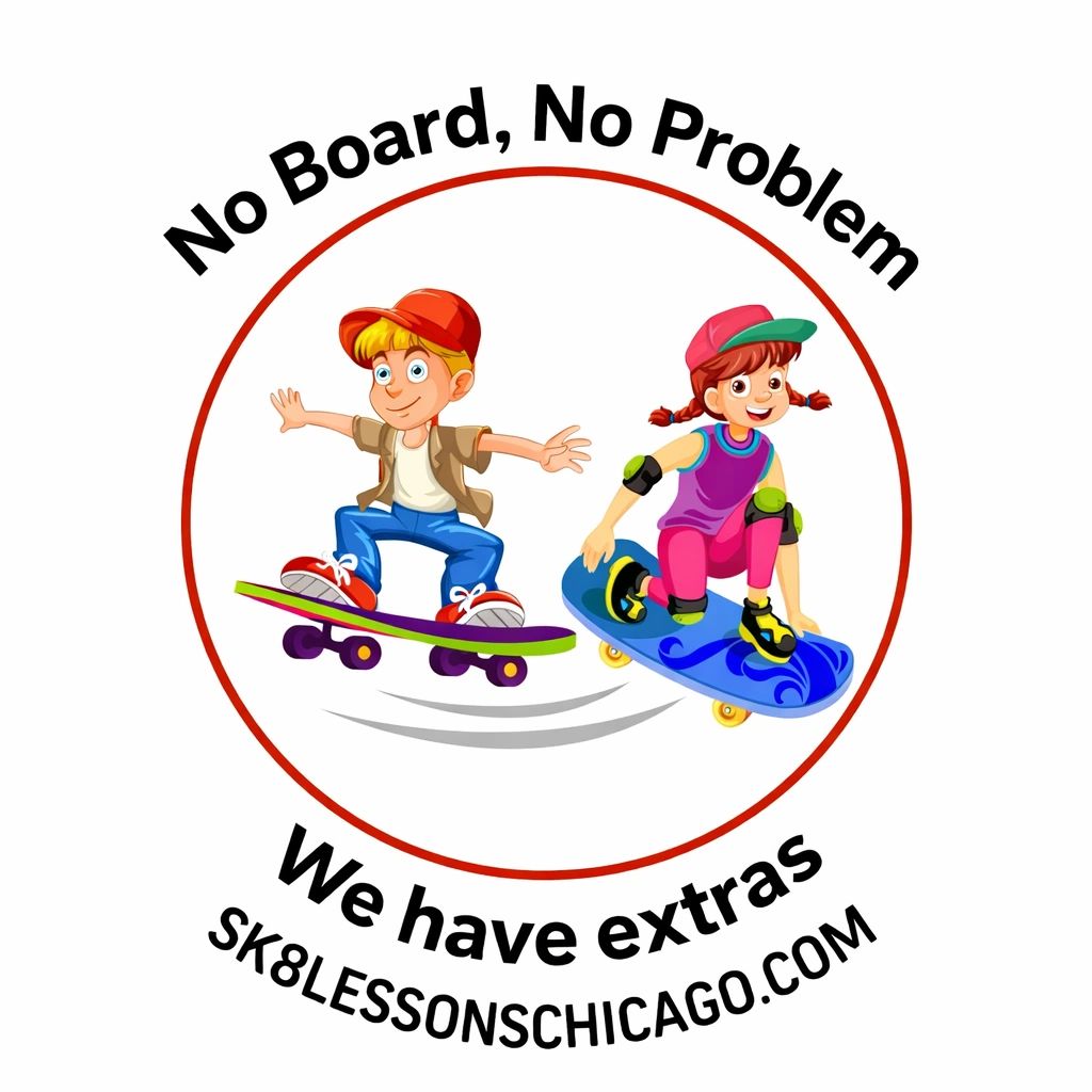 Skate Lessons Chicago featuring cartoon kids skateboarding saying we have extra boards for students