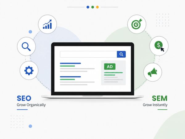 Comparison of SEO and SEM strategies using a laptop search interface.
