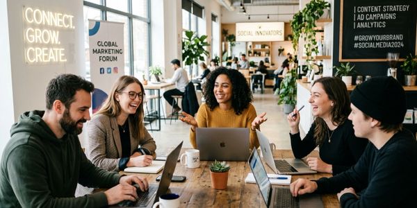 A diverse group collaborating with laptops at a modern marketing forum.